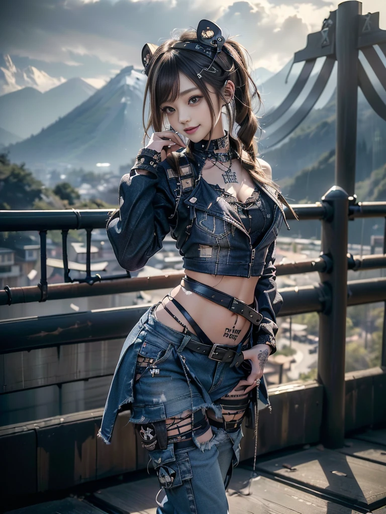 (Beautiful lips and nose:1.4)、(Long eyelashes:1.4)、(Smiling with teeth showing:1.3),(Shibuya Gal:1.5)、(Gothic Lolita delicately decorated dress:1.5)、(Tattered denim and black punk rock cargo pants:1.5)、(Denim and black navy skull mark small jacket:1.4)、(denim garter belt:1.5)、(Black and denim knee socks:1.3)、(Skull Silver Accessories:1.5)、(Denim collar:1.3)、(Brown Skin Belt:1.4)、(Brown boots:1.2)、(The underwear is striped:1.4)、31 years old、((Highest quality、In 8K、masterpiece:1.3))、Sharp focus:1.2、(Layered Cut、Huge boobs:1.1),Beautiful woman with perfect figure:1.4、(Dancing vigorously:1.3)、Slender Abs:1.2、Highly detailed face and skin texture、Detailed eyes、double eyelid,(Twin tails:1.3)、(Brown-golden hair:1.3)、Gravure idol、(The background is a vast mountain with a clear view々Beautiful luxury resort destination in Europe:1.3)、(Slim body:1.2),(Make your legs thinner:1.4),(clavicle:1.1)