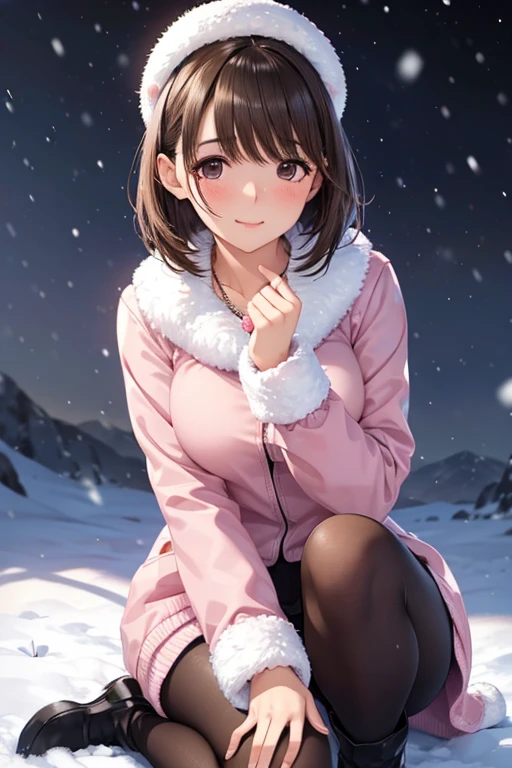 anegasaki nene、Shiny brown hair, short hair, Beautiful brown eyes、smile、Sparkling eyes, (Fine grain)、Super detailedな目、Highly detailed face, Highly detailed eyes,

(masterpiece:1.3, Highest quality, Ultra-high resolution, Super detailed), (Realistic, photoRealistic:1.4), Beautiful illustrations, Perfect lighting, Natural light, colorful, Depth of written boundary, 
Beautiful detailed hair, Beautifully detailed face, Beautiful attention to detail, Beautiful clavicle, Beautiful body, Beautiful breasts, Beautiful thighs, Beautiful feet, Beautiful fingers, 
View your viewers, whole body, 1 Girl, Princess, Perfect Face, (Perfect Anatomy, Anatomically correct), Cute and symmetrical face, Baby Face, Shiny skin, (Tsundere:1.3), 
 Long eyelashes, (Medium chest),   necklace, , 
((Pink jacket), sweater, loose socks, ), Sleeves are longer than the wrist, White Hat, Leg warmers, jewelry, Fur trim, Pom-pom (Clothes), socks, pantyhose, Long sleeve, White fur trim_boots, 
(Beautiful views), evening, Mountain, snow, winter, (snowing:1.2), snowflakes, Dynamic pose, (魅惑的なsmile, Upward glance, Part your lips),