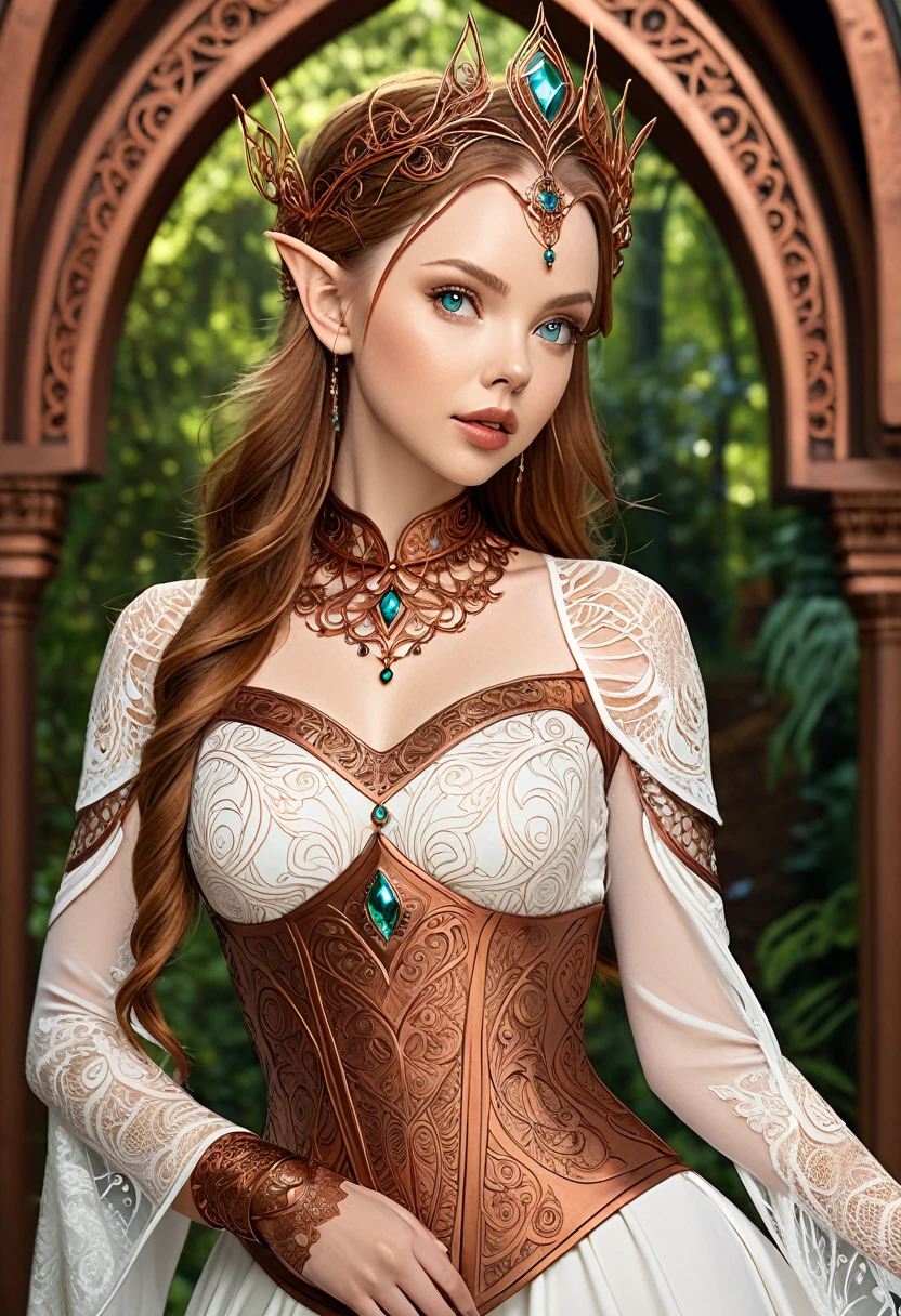 Steampunk elven princess. copper wire necklaces and bangles. Crown of fine copper wire. copper coloured tatoos cover her face and body intricate and beautiful designs. LArge pointed ears that end in curlicues. Hands on hips. Ember colored eyes adorned with intricate copper wireing. a Pure white dress, hemmed with copper, covered in copper lace and filligree. cppper designs cover the skirt in a kaleidoscope of intricate copper designs. Background is and elven castle at one with a verdant forrest. Her visage is a mesmerizing blend of Alison-Brie, Scarlett-Johansson, and Dove-Cameron, creating a unique, symmetrical face that exudes elegance and grace. Copper colores face tattoos. Copper colored are, and chest tatoos.
