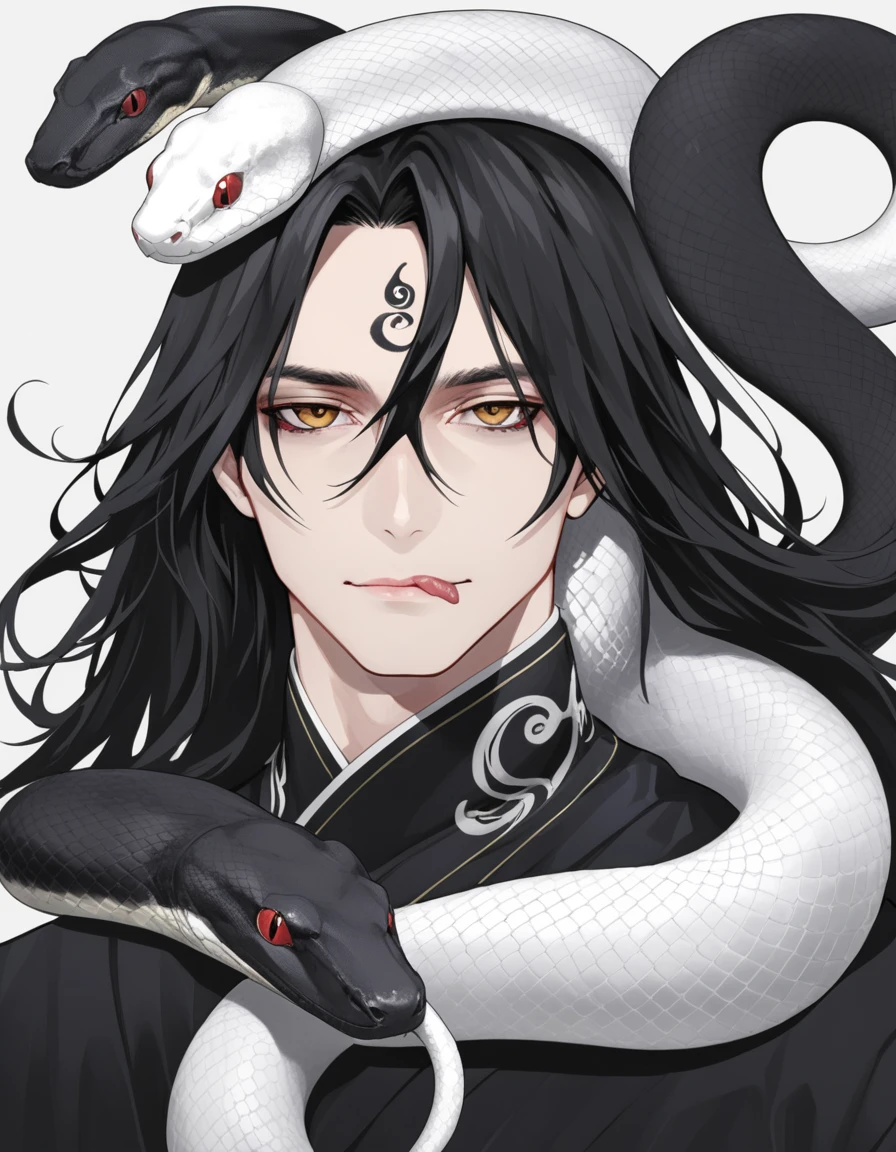 Long hair man,White snake and black snake coiled around