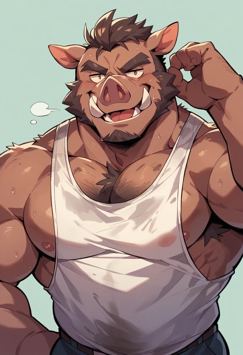 Fat, gassy, visibly stupid anthro boar who’s a southern trucker wearing a stained, white tank top letting out a huge, disgusting belch in a thin anthro boar’s face high resolution best quality. Make this character look like he’s very unintelligent