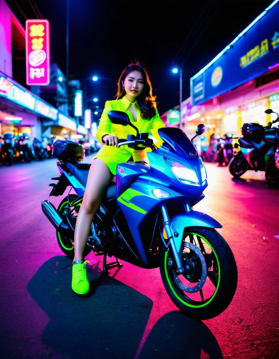 Young Thai women dress in modern clothes. drive a motorbike at night There are neon lights glowing in many colors. Wide angle view of the entire car.