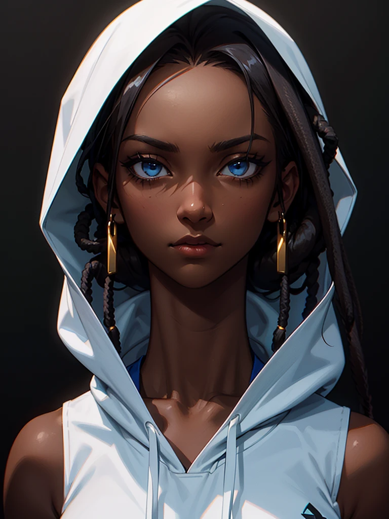 ((Portrait Photo, Dark Skin)), She has an Athletic and Slender Appearance, with a Strong Build, Black Skin and Relaxed Aura. She Expresses a Calm and Indifferent Look, Giving Off a Composed and Unfazed Attitude. She has Deep Blue Eyes, and Her Hair is Long and Black, with Dreadlocks Falling Over Her Forehead. She Wears a Loose, Open White Hoodie with a Sports Tank Top, Revealing Her Midriff. ((Portrait Photo, HDR, Dark Background))