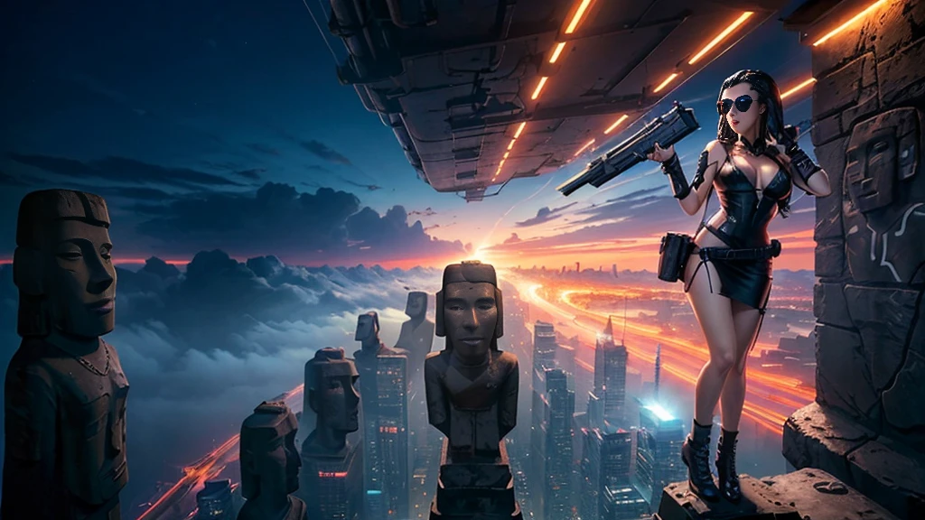 At night, dark sky, aerial view of fantasy cyberpunk style ((Moai-statue)) city, ((flying vehicle)). ((1girl, solo, alone)), photo realistic, medium-breast:1.1 slim body, cleavage, sexy clothes, (black sunglasses), (((hip-up standing and pistol aiming pose))), half-body thigh level medium shot, cinematic lighting.