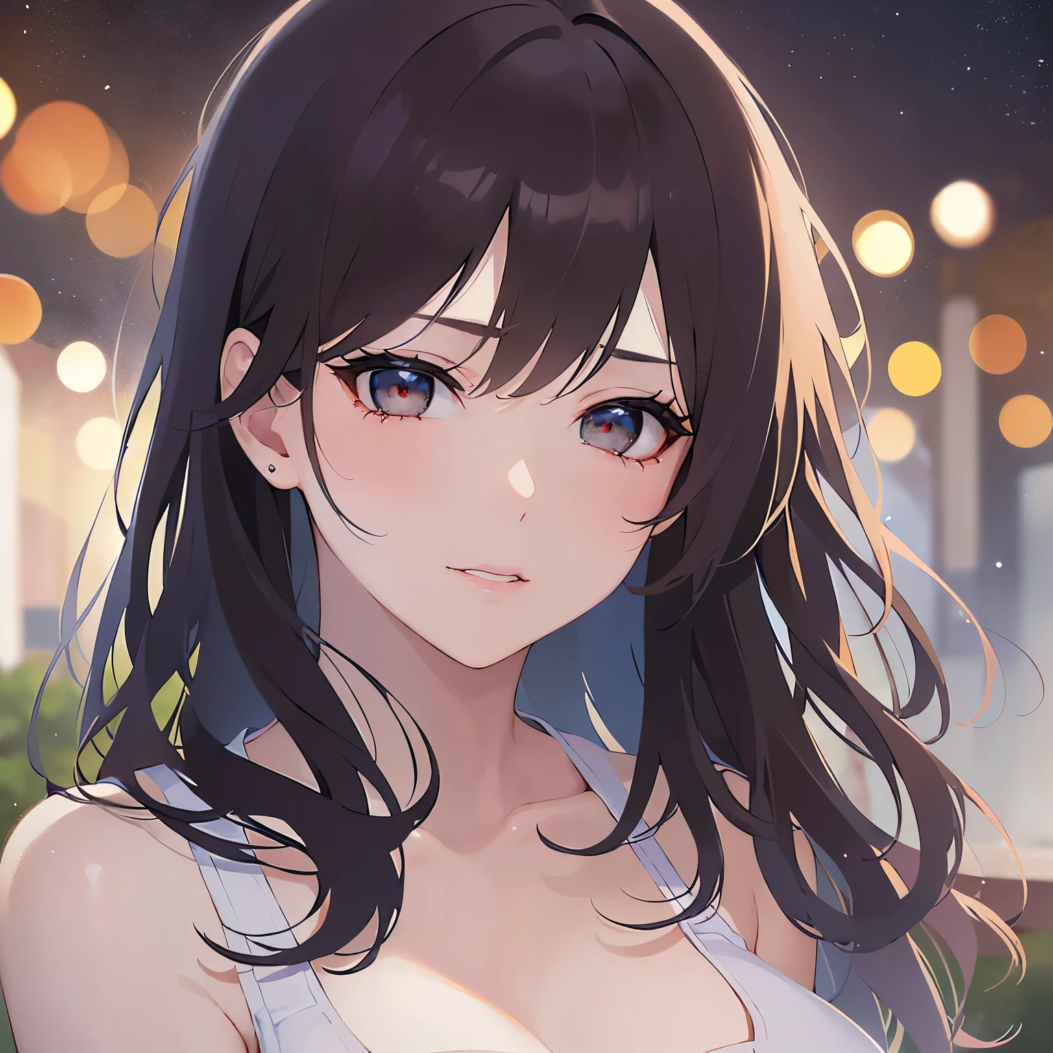 looking down,upper body,
Realistic, real person, (pale skin: 1.2), RAW photo, photorealistic, shiny skin, shiny hair、
(A 25-year-old woman with bob hair and bangs) and (wavy hair) and (brown hair) and (Orange Eyes)、(white) and (T-shirt) and (v neck) 、(Cleavage:1.5)、
(sad:1.5),smile,(Midnight in the Park:1.5)、(Night Sky:1.5)