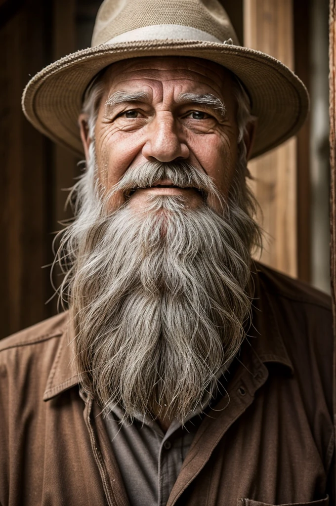 Old carpenter with white beard and wrinkled face