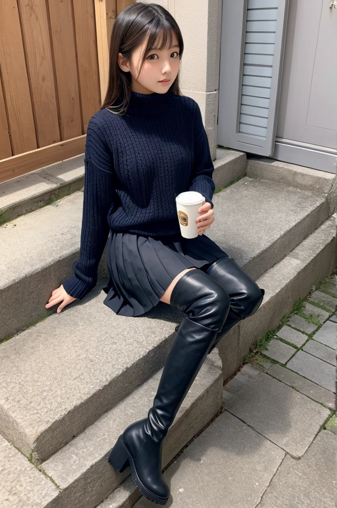 Japanese girl Pleated skirt sweater Knee-high boots