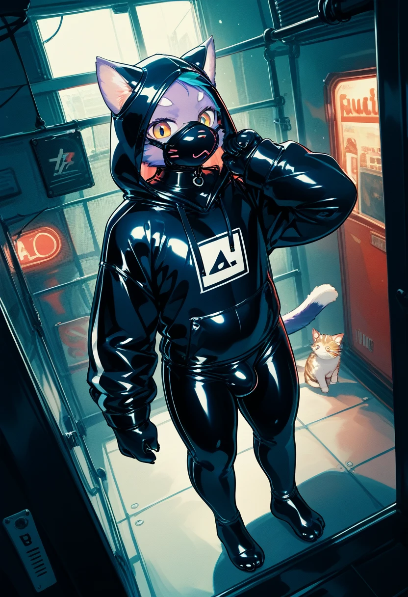 Highest quality, Highest quality, High quality illustrations, masterpiece, Ultra-high resolution, Detailed Background, Games Room, Absurd, Perfect Anatomy, performance, Good lighting, Shadows in the movies(kemono, Furry PersonifiCation), Cat, Dark Skin, Rubber suit, Rubber suit, latex, neon, neonライト, neonカラー, Rubber spats, Rubber Hoodie,  Rubber mask, ribbon, Embarrassing, Null bulge, male, juvenile, from above