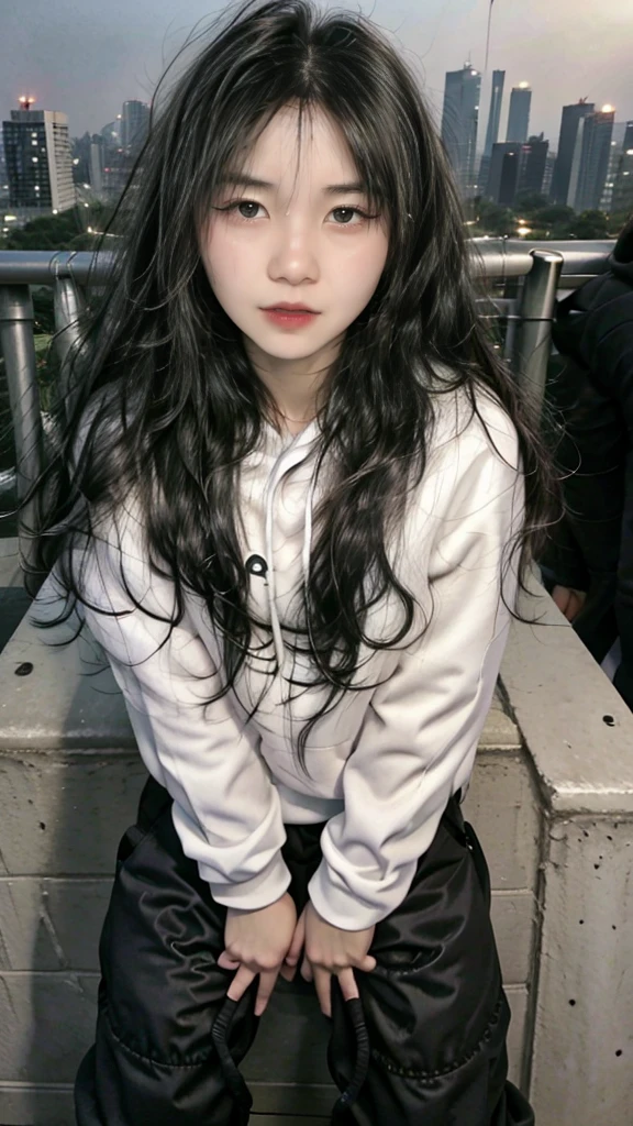 korea, 22yo, 1 woman, wide shot camera angle, bright long hair, wearing a graphic hoodie and casual pants, casually leaning on a guardrail, exuding a relaxed and contemplative demeanor, against a backdrop of a sprawling urban skyline with high-rise buildings and a hazy atmosphere.