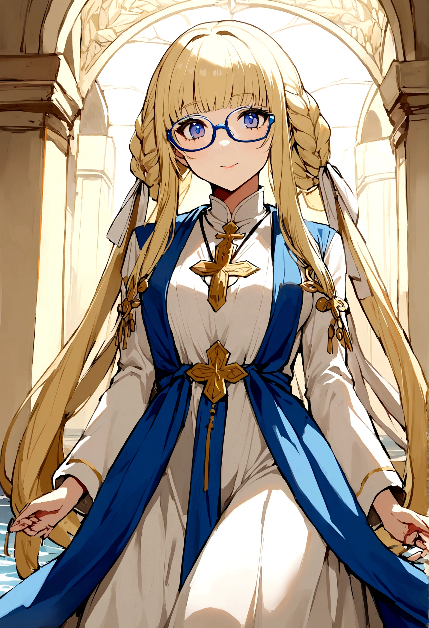 1 , 18-years old, Cao Cao, low water, blond, bonitas, cabelo blond liso com franja, blue colored eyes. White dress with blue command of Our Lady of Grace. Wearing prescription glasses.