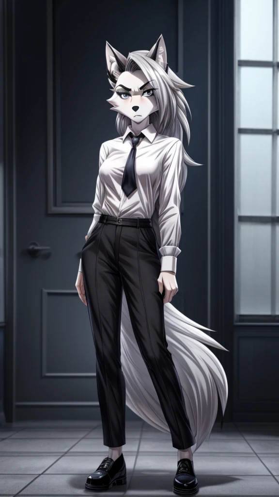 Loona from Helluva Boss, female wolf, anthro, mature adult, white short fluffy hair, grey eyes, tall, white shirt with black tie, black pants, black shoes, serious cold expression, emotionless stare, omnious, detailed, solo, beautiful, high quality, manhwa style, 4K