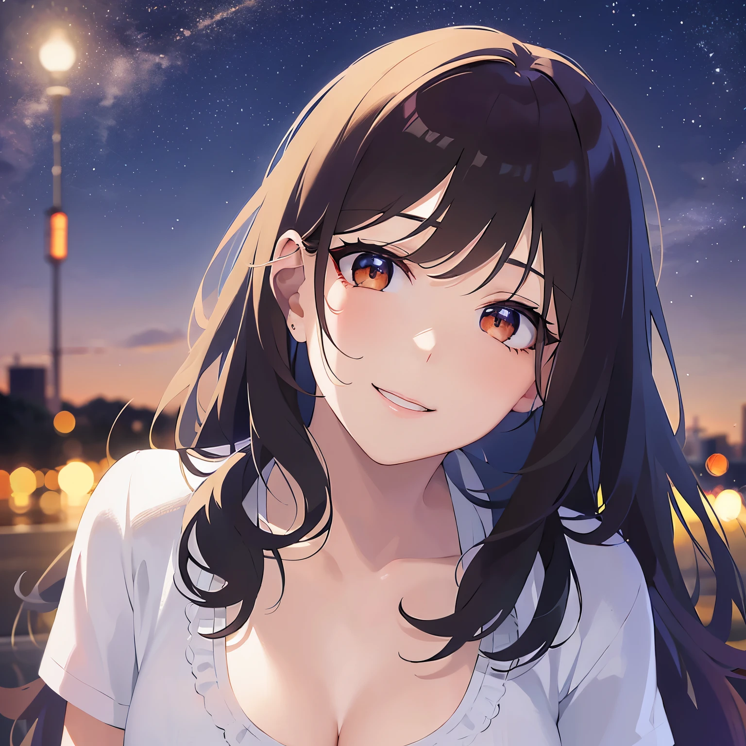 lookin at viewer,upper Body, Looking up、head tilt、
Realistic, real person, (pale skin: 1.2), RAW photo, photorealistic, shiny skin, shiny hair、
(A 25-year-old woman with medium-length hair and bangs) and (wavy hair) and (brown hair) and (Orange Eyes)、(white) and (T-shirt) and (v neck) 、(Cleavage:1.5)、
smile,Midnight in the Park、Night Sky