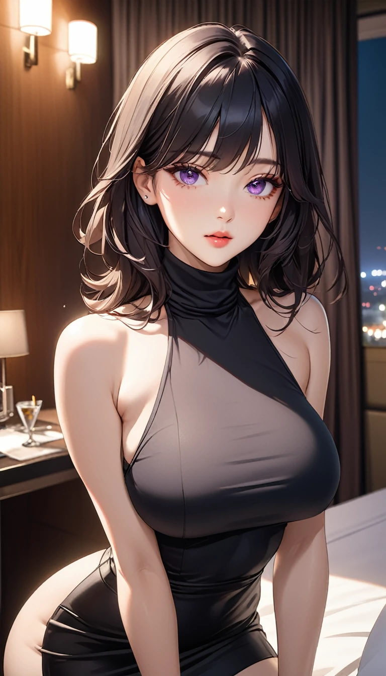 masterpiece, high resolution, beautiful woman, Korean Beauty, 30 years old, black sleeve less turtle neck long sleeve, mini pencil skirt, beautiful woman, night hotel, looking at me, (high resolution face), (high resolution eyes), black hair, big tits, purple eyes, neckless