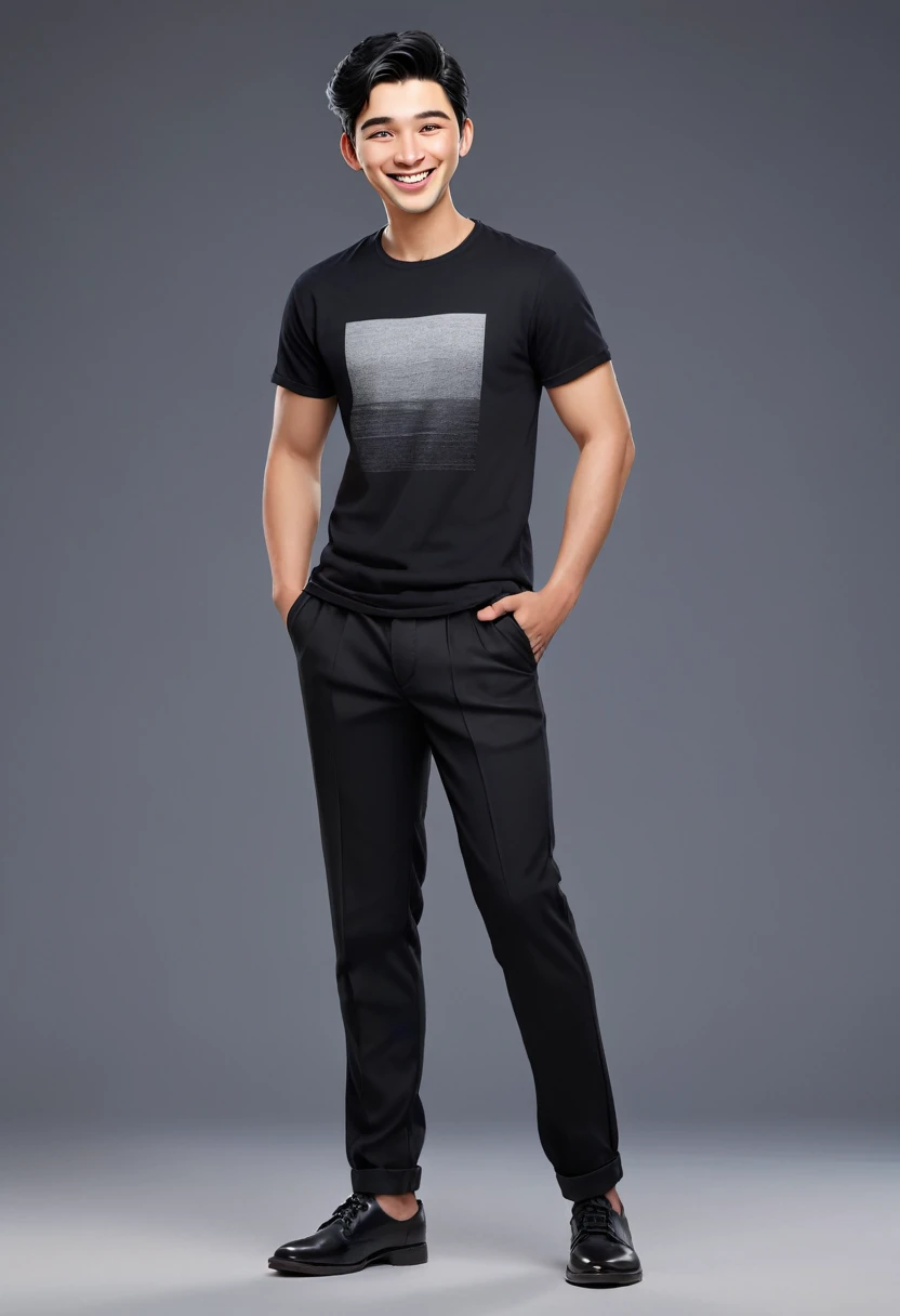 masterpiece, Top quality, highly detailed, realistic, Detailed Face, Detailed and realistic skin, perfect shiny skin, One male, young man, 20 years old, (Formal cut gradient black hair), full body,standing, front face, t-shirt big plain black T-shirt, big trousers, talking with hand gestures, front view, big smile