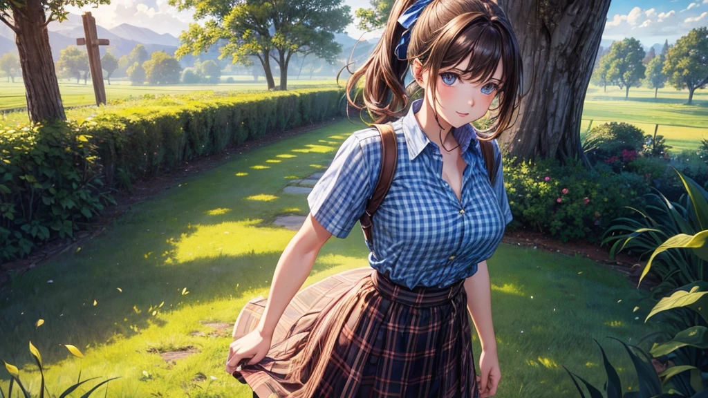 1girl, solo, full body, rural landscape, village, trees, sun, clouds, fantasy, brown hair, ponytail, large breasts, button down shirt, ((blue checked shirt)), ((short sleeved shirt)), ((unbuttoned shirt)), unbuttoning buttons, cleavage 1:3, shirt tied under chest, belly reveal, blue eyes, dark skirt, smile, looking at the viewer, standing, hair ribbon, golden necklate, glowing eyes, parted lips