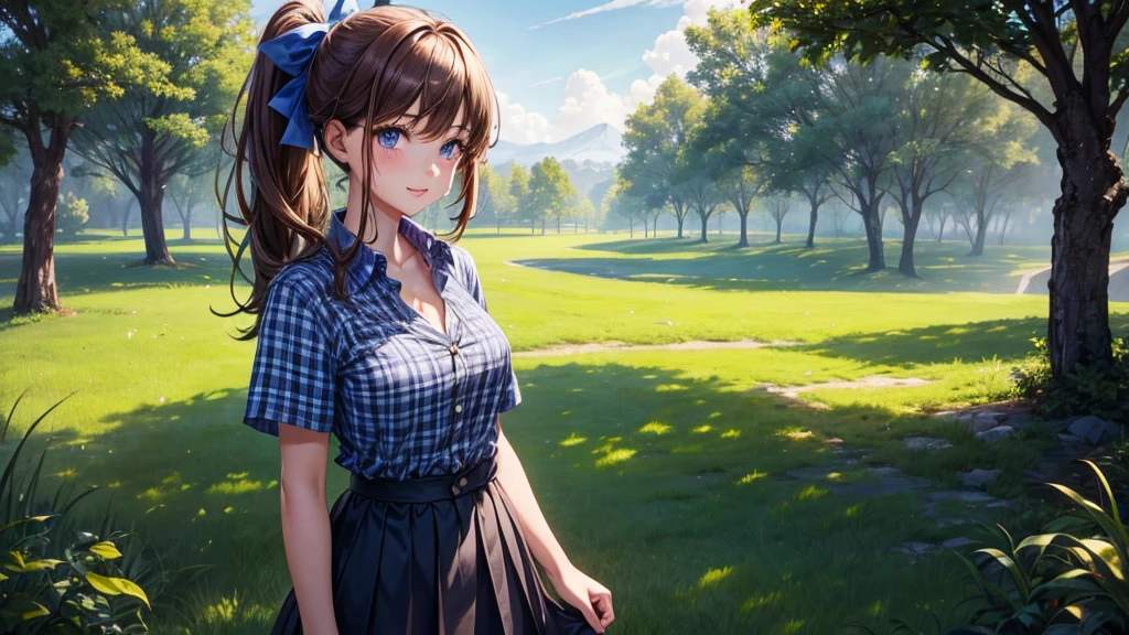 1girl, solo, full body, rural landscape, village, trees, sun, clouds, fantasy, brown hair, ponytail, large breasts, button down shirt, ((blue checked shirt)), ((short sleeved shirt)), ((unbuttoned shirt)), unbuttoning buttons, cleavage 1:3, shirt tied under chest, belly reveal, blue eyes, dark skirt, smile, looking at the viewer, standing, hair ribbon, golden necklate, glowing eyes, parted lips