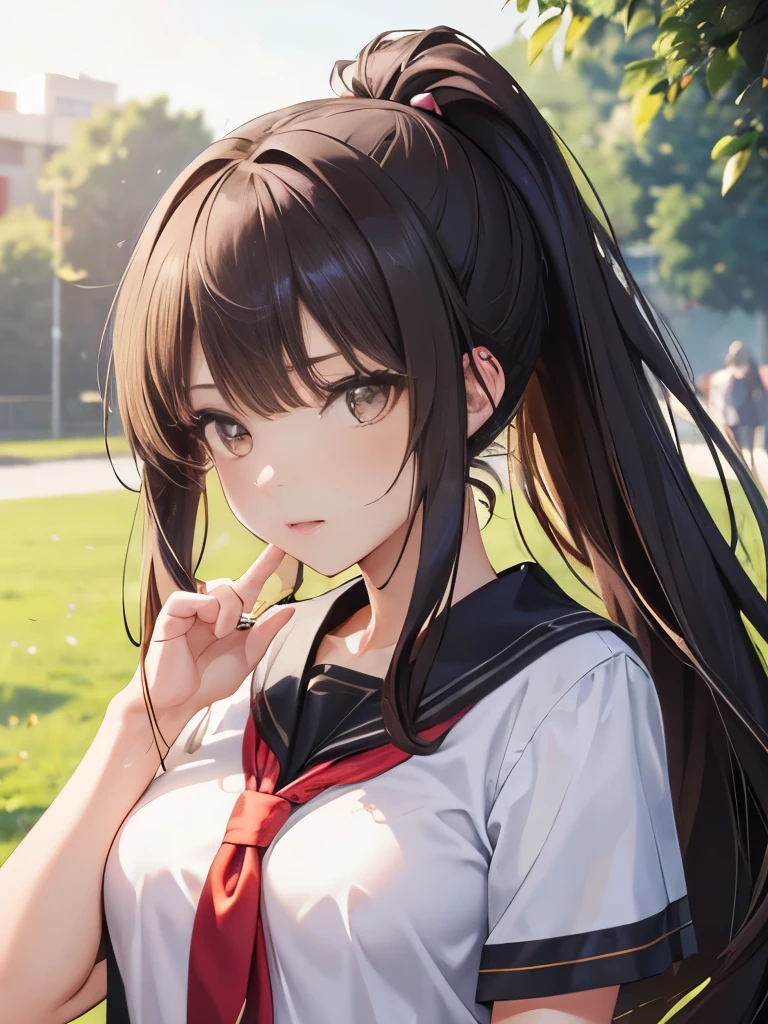 One girl, alone, Ultra high definition, face, Upper Body,Portraiture, Long Hair, ponytail, Shiny hair, Brunette, Amber Eyes, Beautiful breasts, (High school girls:1.2),summer, Short sleeve, Short sleeveブラウス, It's hot and I unbutton my shirt, Cleavage,Beautiful breasts, School, Embarrassing gesture, Blushing, Looking at the audience, 8K Ultra HD, Soft skin texture,