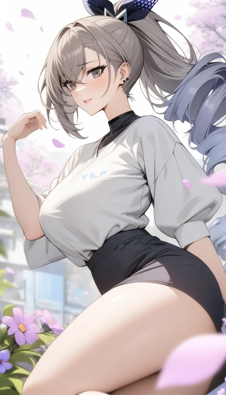 masterpiece, best quality, very aesthetic, absurdres, 1girl, mature_lady, ,silver_wolf, gray eyes, high ponytail,,surrounding by flowers,falling_petals, outdoors, petals,,,blur background,background defocus,floating hair,