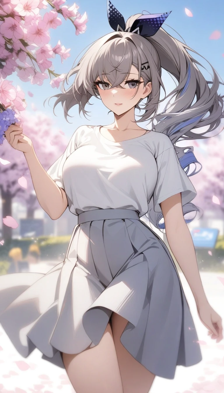 masterpiece, best quality, very aesthetic, absurdres, 1girl, mature_lady, ,silver_wolf, gray eyes, high ponytail,,surrounding by flowers,falling_petals, outdoors, petals,,,blur background,background defocus,floating hair,