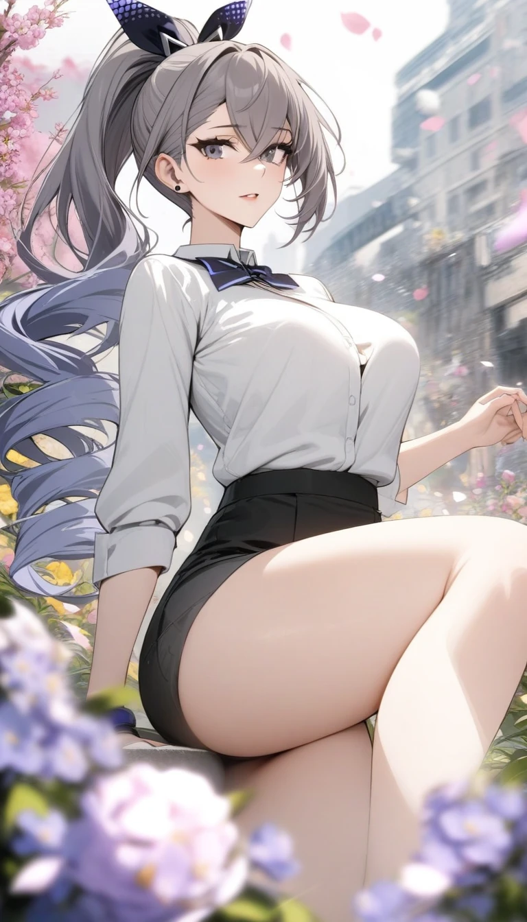 masterpiece, best quality, very aesthetic, absurdres, 1girl, mature_lady,  ,silver_wolf, gray eyes, high ponytail,,surrounding by flowers,falling_petals, outdoors, petals,,,blur background,background defocus,floating hair,