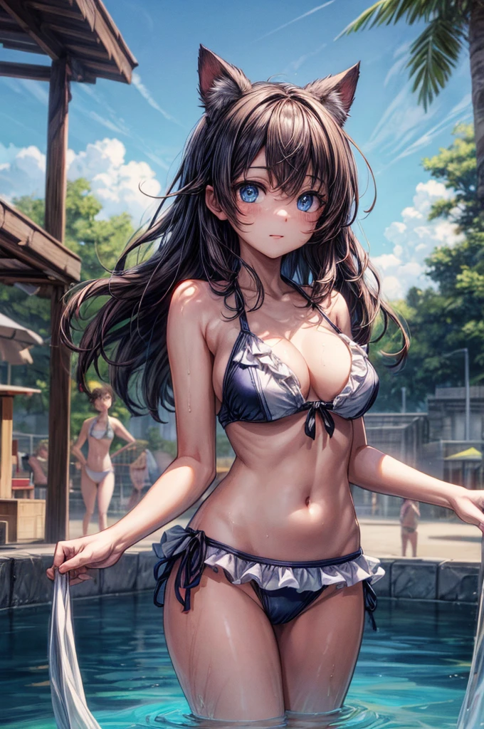 (Tabletop.Highest quality).(Dynamic Angle). (Amazingly detailed CG paintings),(Perfect Image)、Comic Strip.shape.One Girl.Detailed face、Perfect Face.Delicate face、Textured skin、Black Hair.length、(Cat-eared girl)Cat-eared girl、((Beautiful Blue Eyes)).Delicate and beautiful eyes、The eyes are detailed、Reflective Eyes、Watery eye、smile.(Gazing at the audience:1.3).(My face got a little red:0.8)、8k wallpaper、(((Cowboy Shot)))、reflected light、The finest details、Complex、Delicate background、Textured skin、Detailed skin、Swimwear, ((カラフルなSwimwear)), リアリスティックなSwimwear, 質感のあるSwimwear, 超高精細なSwimwear