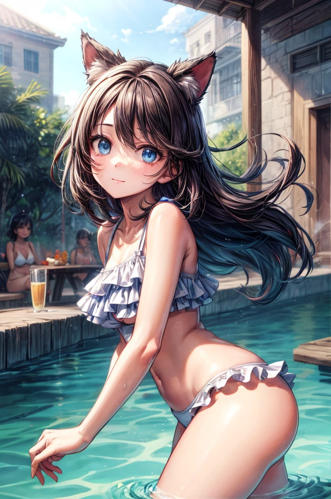 (Tabletop.Highest quality).(Dynamic Angle). (Amazingly detailed CG paintings),(Perfect Image)、Comic Strip.shape.One Girl.Detailed face、Perfect Face.Delicate face、Textured skin、Black Hair.length、(Cat-eared girl)Cat-eared girl、((Beautiful Blue Eyes)).Delicate and beautiful eyes、The eyes are detailed、Reflective Eyes、Watery eye、smile.(Gazing at the audience:1.3).(My face got a little red:0.8)、8k wallpaper、(((Cowboy Shot)))、reflected light、The finest details、Complex、Delicate background、Textured skin、Detailed skin、Swimwear, ((カラフルなSwimwear)), リアリスティックなSwimwear, 質感のあるSwimwear, 超高精細なSwimwear