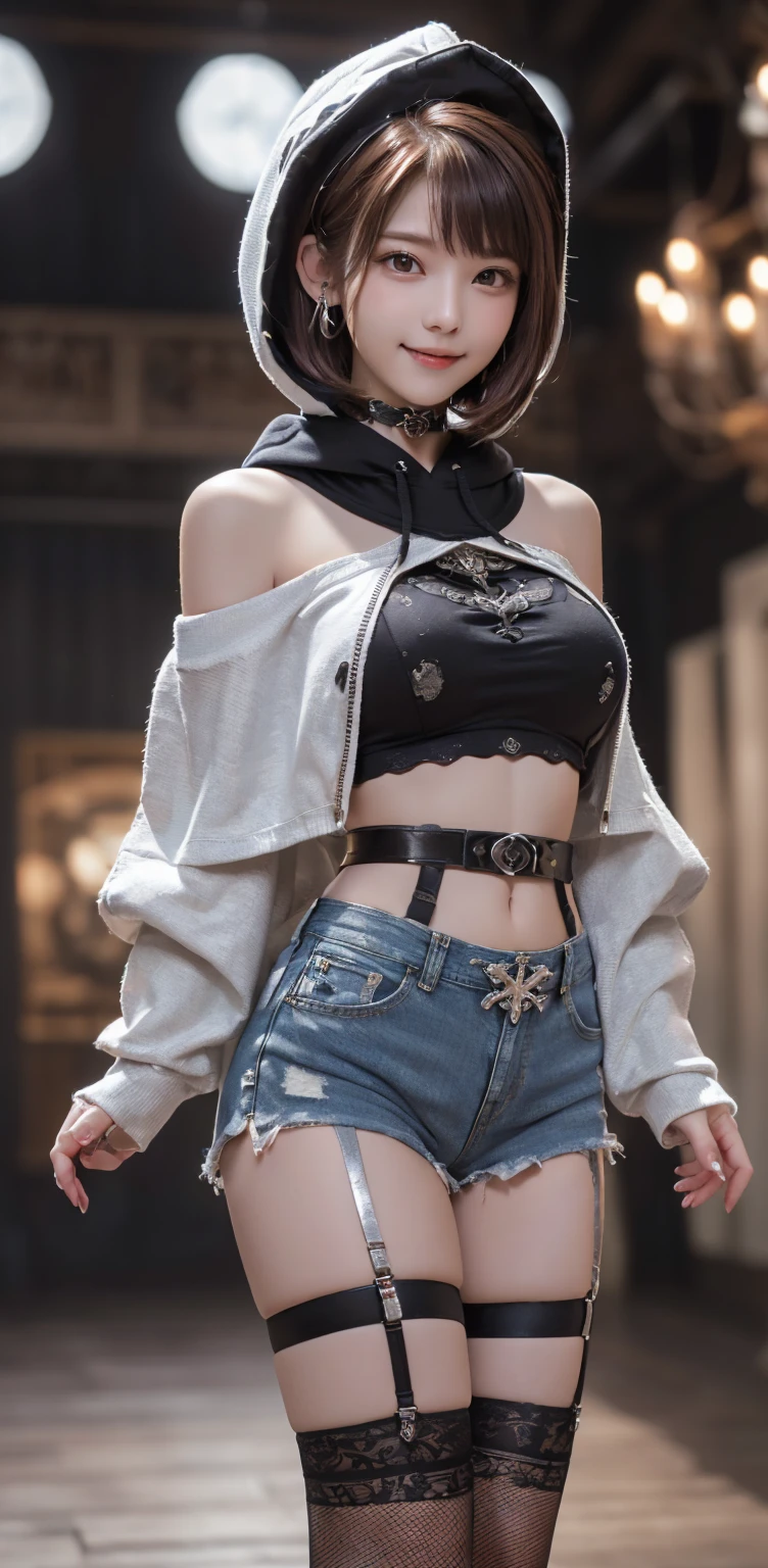 (Full body image:1.3)、(Beautiful lips and nose:1.4)、(Side view:1.1)、(Smiling with teeth showing:1.3),(Fashion Model:1.5)、(Shabby Gothic Lolita outfit with intricate embellishments:1.5)、(White off-shoulder hoodie:1.5)、(black, Silver and white shorts:1.4)、(denim garter belt:1.5)、(black and denim knee socks:1.3)、(Skull Silver Accessories:1.5)、(Lace Color:1.3)、(Brown Skin Belt:1.4)、(Brown boots:1.2)、(Polka dots on underwear:1.4)、18 years old、((Highest quality、In 8K、masterpiece:1.3))、Sharp focus:1.2、(Huge boobs:1.4),Beautiful girl with perfect figure:1.4、(Dance vigorously:1.3)、Slim Abs:1.2、Highly detailed face and skin texture、fine grain、double eyelid,(Bob Cut Hair:1.3)、(Brown Hair:1.3)、idol carving、(The background is a gorgeous dance hall.:1.3)、(the body is slim:1.2),(Slimming your legs:1.4),(clavicle:1.1)