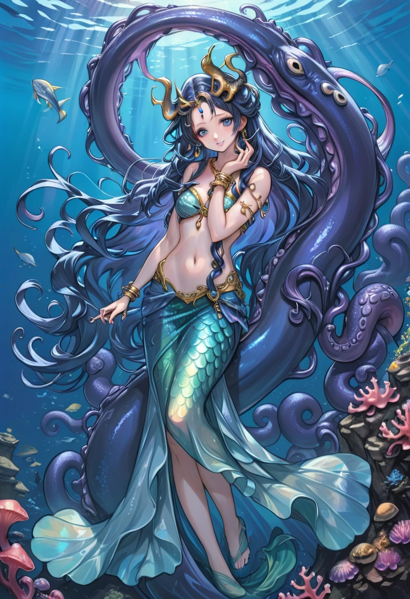 [translucent:opal:0.5], Reflective Transparent Opaque See-through Sarong, krakens, Long hair, 白色Long hair，Mermaid, Goddess of the sea, Ocean Goddess，Tentacles, Full face blush, Intricate details, light, excellent quality, Amazing shadows, Detailed description, Official Artwork, wallpaper, Official Art, Extremely detailed eyes and face, Beautiful and delicate eyes, black eyes, ((masterpiece, best quality)), from the side, whole body, Hook of Holland, Umbilical cord