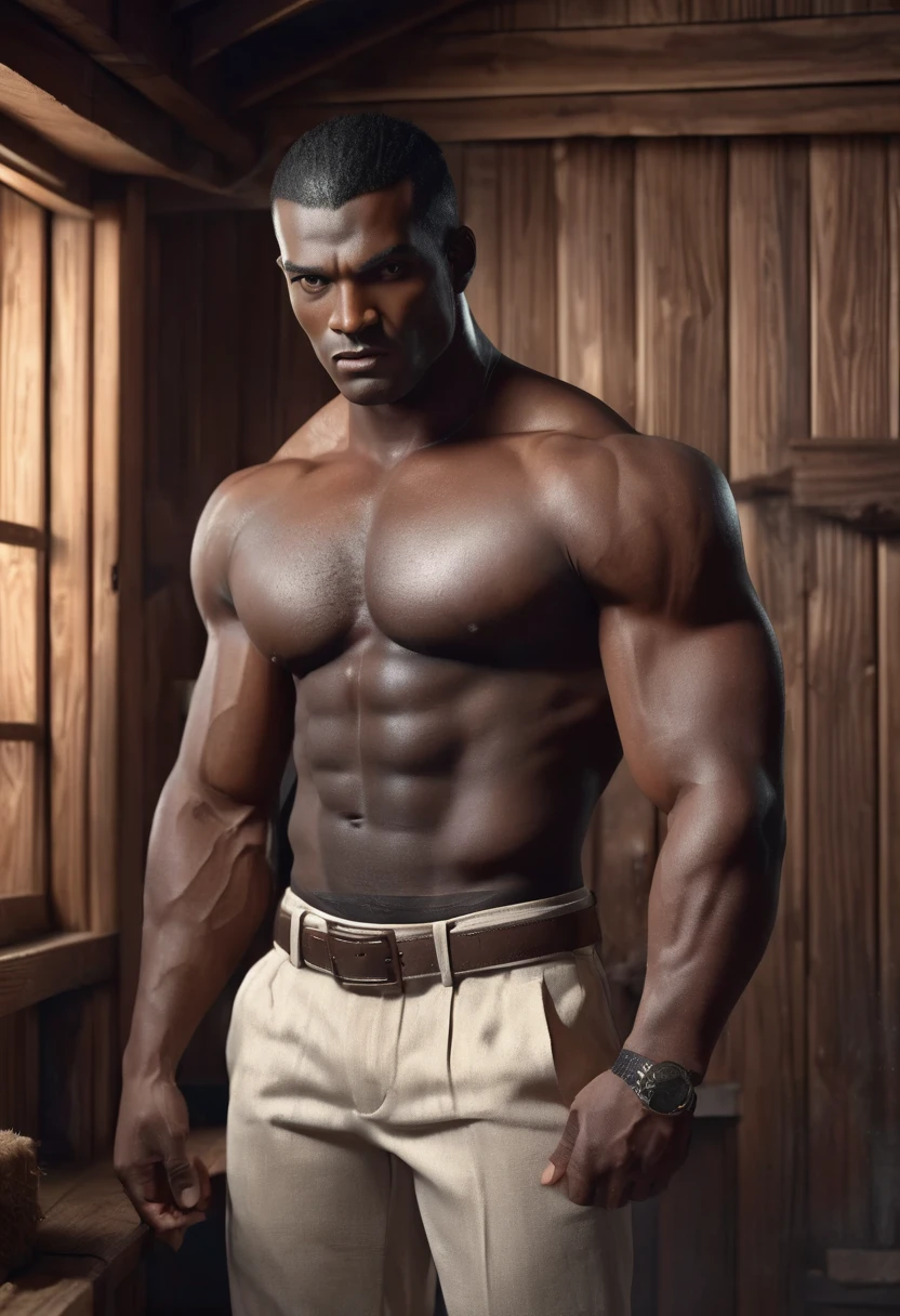 1 man, he is inside a chic wooden house, wearing simple clothes in neutral tones, detailed facial features, masculine eyes, detailed dark skin, shaved hair, strong and serious expression, dramatic lighting, cinematic composition, cold and dark, fog atmospheric, handsome face, square chin, handsome man, masculine, strong muscular body structure, big handsome man, gorgeous vampire (best quality, 4K, 8K, high resolution, art: 1.2), ultra detailed, (realistic, photorealistic, photorealistic : 1.37)