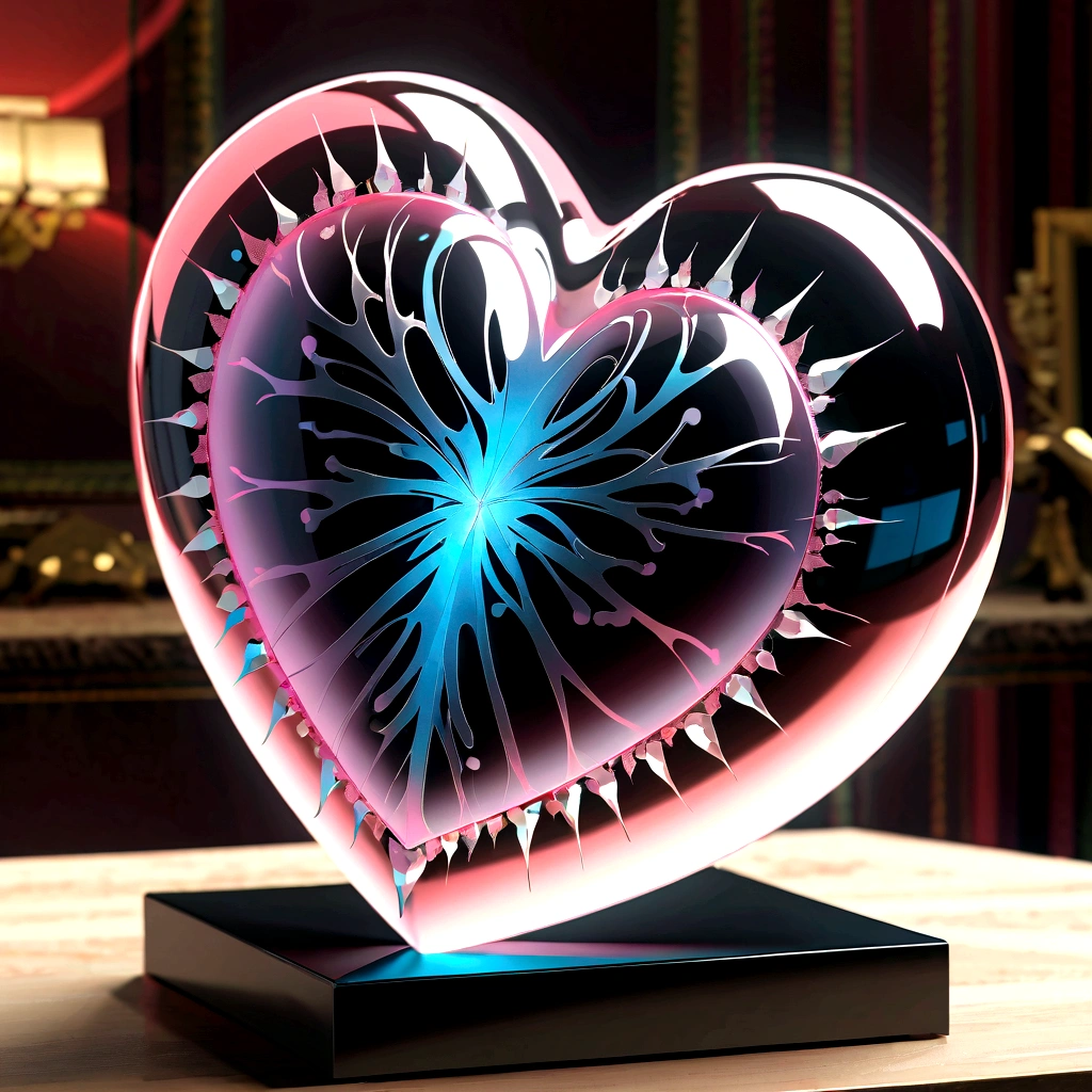 （Hard super transparent heart（organ）Close-up of the sculpture：1.4），（Money：2），（Rose Quartz：1.3），（Luminescence：1.2），sharp、（Extremely detailed and complex，Super huge，grace，gorgeous，Surreal，Super detailed：1.1），8K，Ray Tracing，masterpiece，Particle Effects，Beautiful Effects