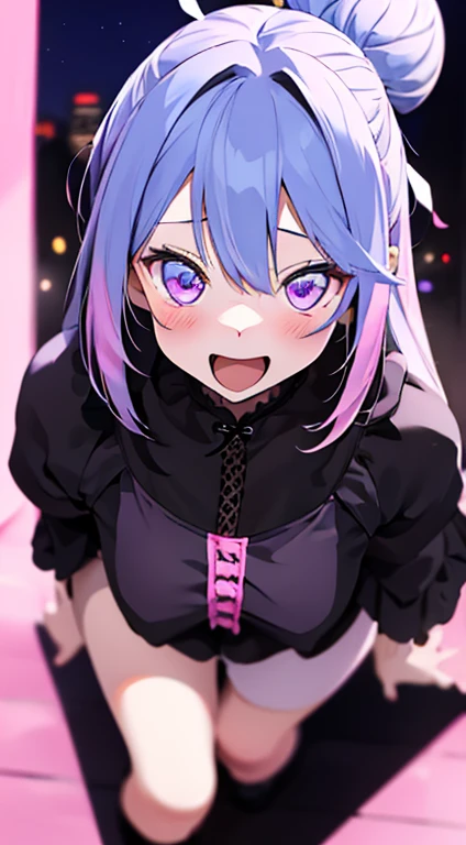 Best image quality、(((Lesbians all over))),Character Portrait、Great style、Beautiful legs、Leather shoes、Dynamic pose、, young、Gothic ta, (((Light purple hair))), Purple eyes, (mascara), Blunt bangs, ((Hair above the eyes)), Long Hair, Pink mixed hair、Mesh Color Pink、Medium Chest, Frills, good、Black clothes、white bread cover、(((white bun hair accessory cover))),白いFrills, Black Theme, ((Black Chinese Dress)), Faithfully, (((Eye focus))), (((Laughter))), The background is blurred, Hollow Eyes, Black Theme、Viewer Display, (((night))), (((hair ornaments))), Neatly cut bangs