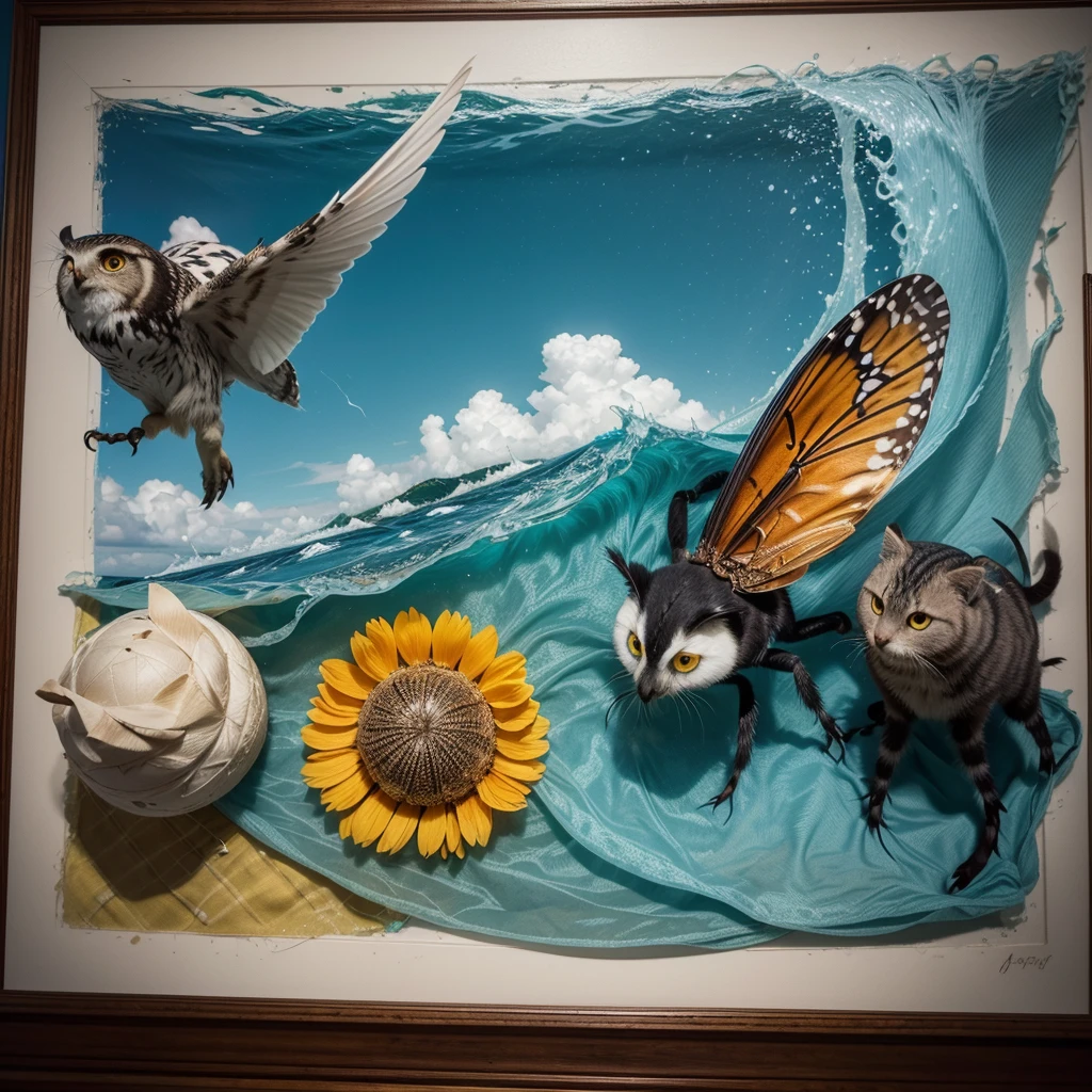 Please create an image of a men's t-shirt with a unique composition that mixes four different types of animals in one with a Cat's leg, Owl's head, Beetle's mouth, Sea Sponge's limbs. Animals must be integrated to create a single figure that is visually appealing and suitable for printing on t-shirts. The image should have a high quality, transparent background for overlaying on different fabric colors, and may include a subtle frame of wind and water around the composition or random frames that complement the theme. Use vibrant, contrasting colors, and include stylized elements that highlight the animals' characteristics. Make sure the art is unique and suitable for a male audience.