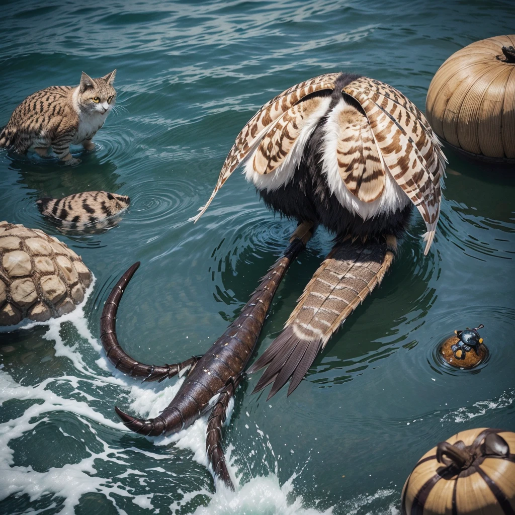 Please create an image of a men's t-shirt with a unique composition that mixes four different types of animals in one with a Cat's leg, Owl's head, Beetle's mouth, Sea Sponge's limbs. Animals must be integrated to create a single figure that is visually appealing and suitable for printing on t-shirts. The image should have a high quality, transparent background for overlaying on different fabric colors, and may include a subtle frame of wind and water around the composition or random frames that complement the theme. Use vibrant, contrasting colors, and include stylized elements that highlight the animals' characteristics. Make sure the art is unique and suitable for a male audience.