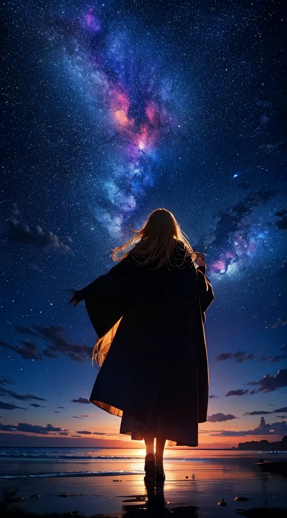 1people々々々,Blonde long-haired woman,Long coat, Dress Silhouette, Rear View,Raise one hand to grab something,milky way,Space Sky, Beach,
