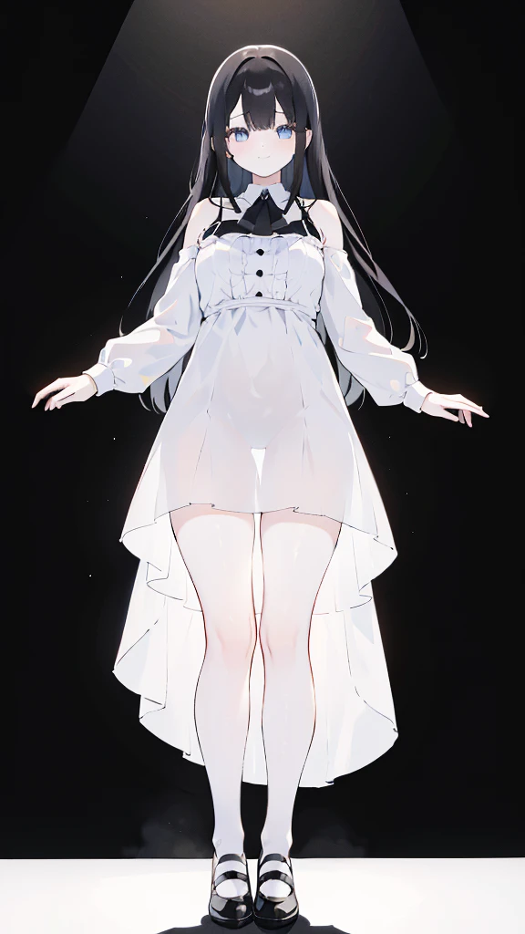 masterpiece, 8K, Detailed face, best quality, Must be created as described, (1 girl, alone, 20 years old, 158cm), (Black hair, long hair, Straight Hair, Bangs), (innocent, Big blue eyes like diamonds), (fair skin, thin waist, long legs), (Wearing a simple pure white dress, spaghetti straps, Thin style), (black briefs, Low waist style), (Wearing white socks), (Show your thighs, Show your arms, Lift up the skirt slightly with one hand, to reveal black underwear), (Has black leather collar), (The expression looks shy, but with a smile), (light black background, Full body portrait, Stand Up Straight, symmetry)