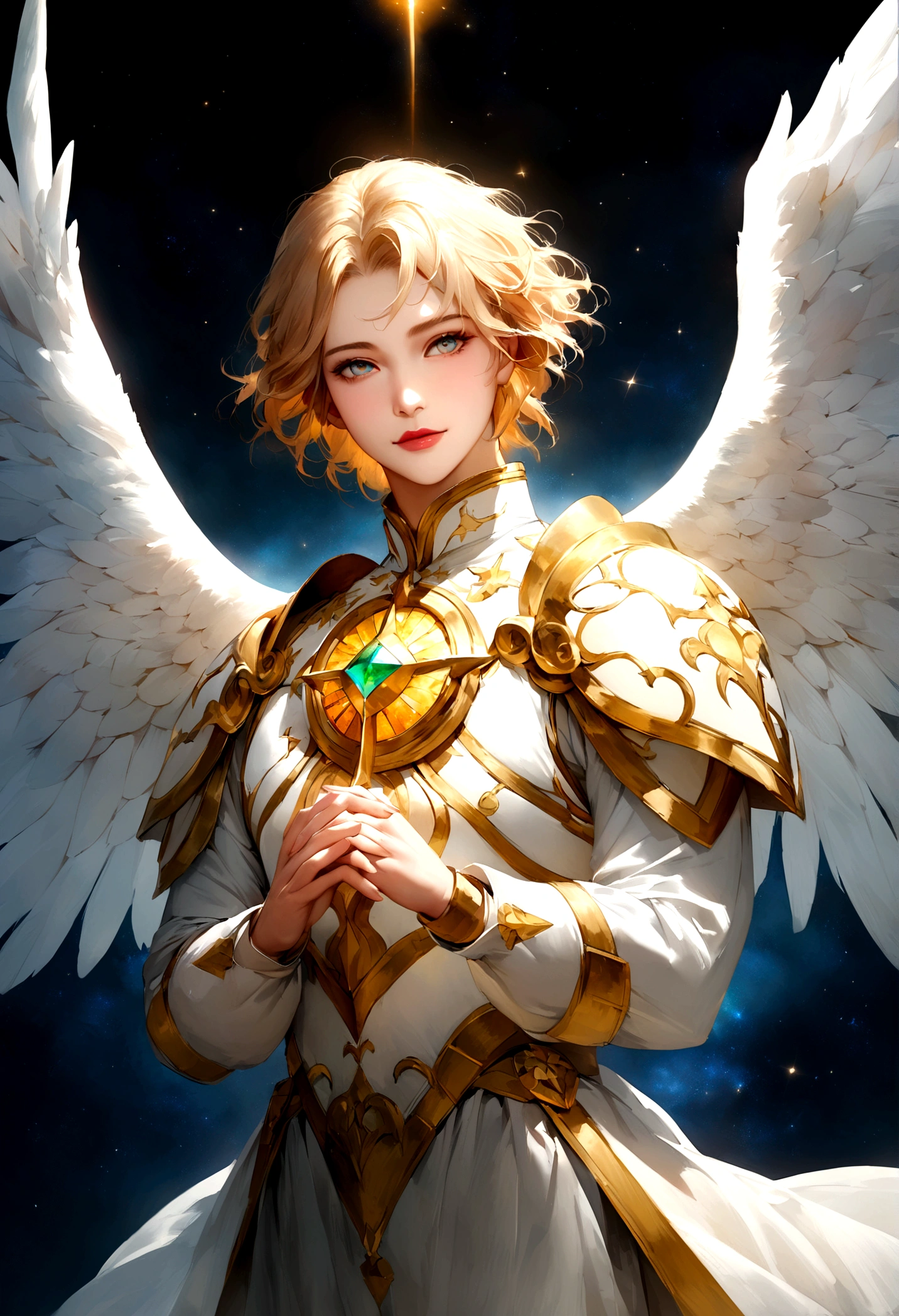 Archangel Michael, The most powerful and merciful of the Archangels in divinity, It has a majestic appearance. He is tall, With hair as golden as the sun. White wings purer than the most pristine clouds rose from his shoulders.々It was growing., It shines brighter than even the brightest stars.. Your eyes, Deep and calm, It seemed like he held the secrets of the universe., When his presence emanated an aura of calm and power.. . Clad in celestial armor decorated with sacred symbols, He sheds light、I have a divine sword that cuts through the darkness.. His face is calm, Move your fingers down to grab the paper,Fingers Down,Lower both arms down,Often smiles with an aura of warmth and comfort, dynamic, Image Enhancement, Shape of a dream, Vibrant, Realistic Face, Highest quality, Deluxe, A sharply focused masterpiece.