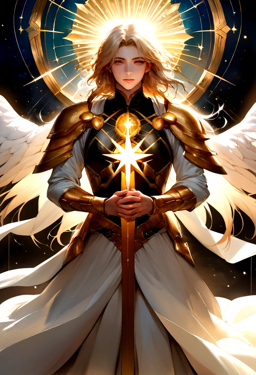 Archangel Michael, The most powerful and merciful of the Archangels in divinity, It has a majestic appearance. He is tall, With hair as golden as the sun. White wings purer than the most pristine clouds rose from his shoulders.々It was growing., It shines brighter than even the brightest stars.. Your eyes, Deep and calm, It seemed like he held the secrets of the universe., When his presence emanated an aura of calm and power.. . Clad in celestial armor decorated with sacred symbols, He sheds light、I have a divine sword that cuts through the darkness.. His face is calm, Move your fingers down to grab the paper,Fingers Down,Lower both arms down,Often smiles with an aura of warmth and comfort, dynamic, Image Enhancement, Shape of a dream, Vibrant, Realistic Face, Highest quality, Deluxe, A sharply focused masterpiece.