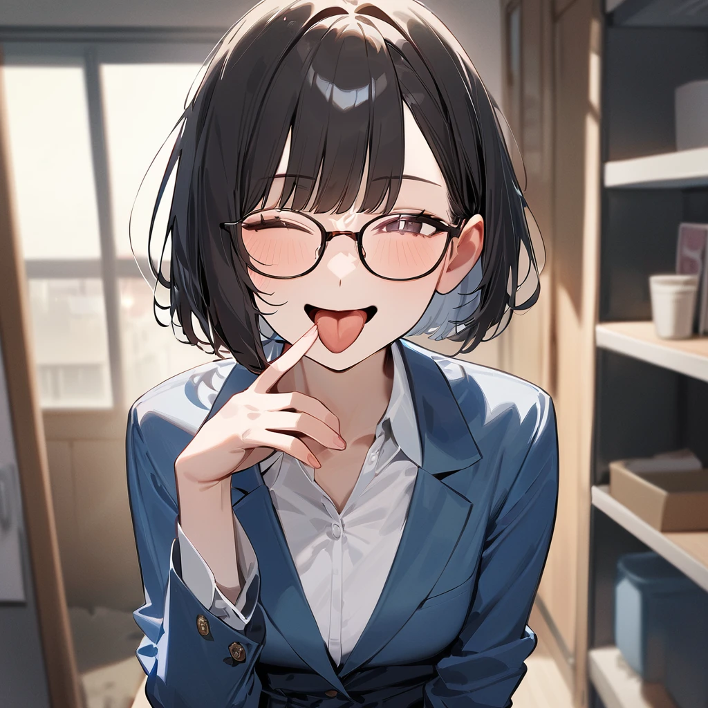 masterpiece, Highest quality, so beautiful, Absurd,
One girl, alone, Black Hair, Bobcut,
Thermont 16A, Glasses,
Collared shirt, Happy, smile, Sticking out tongue、View your viewers, Glassesの調整, The background is a park、whole body