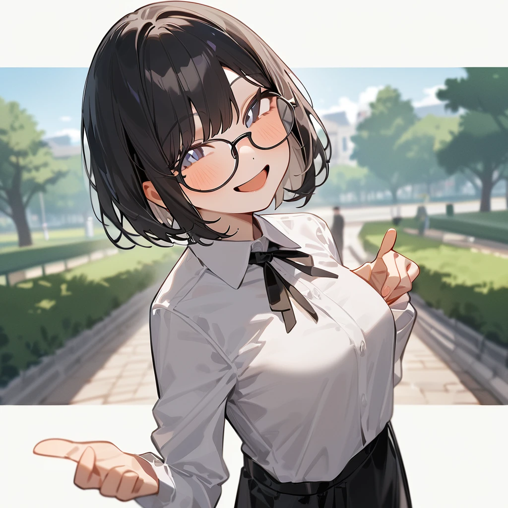 masterpiece, Highest quality, so beautiful, Absurd,
One girl, alone, Black Hair, Bobcut,
Thermont 16A, Glasses, 
Collared shirt, Happy, smile, Sticking out tongue、View your viewers, Glassesの調整, The background is a park、whole body
 