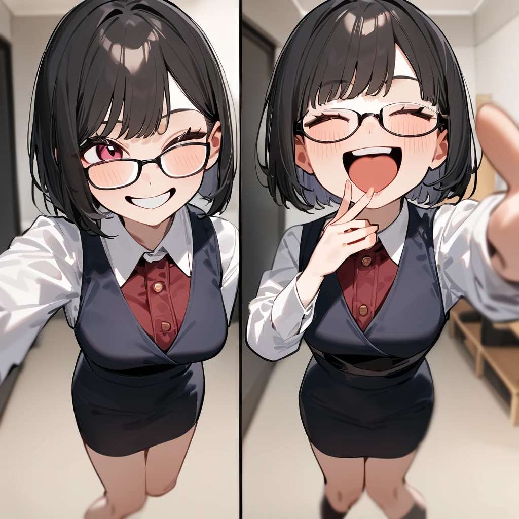 masterpiece, Highest quality, so beautiful, Absurd,
One girl, alone, Black Hair, Bobcut,
Thermont 16A, Glasses, 
Collared shirt, Happy, smile, Sticking out tongue、View your viewers, Glassesの調整, The background is a park、whole body
 