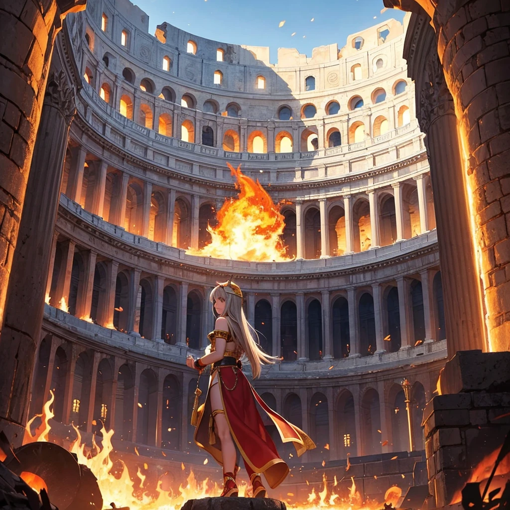 generate an image of the coliseum scene with fire and flames around the edges #hyper realist #shiny colors #General plan