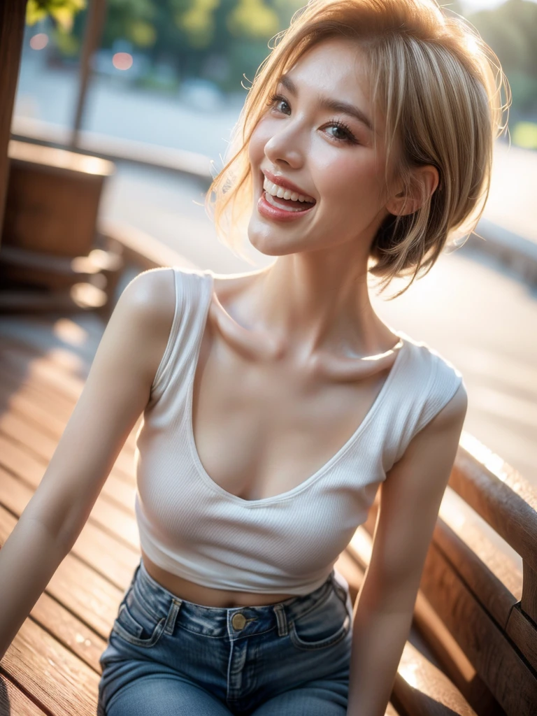 (Portrait shot: 1.4), (half body photo: 1.4), RAW UHD photo of a woman, (laughing face: 1.2) (Blonde short hair: 1.0), (Small Breasts: 1.5), (casual expression: 1.4), (white T-shirt and jeans), Background is a cityscape, sparkling blue eyes with high detail, (fit body: 1.5), (day time: 1.5), (warm light mood and tone: 1.5), (natural light: 1.6).