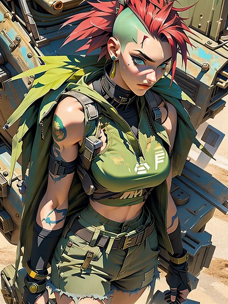 ((( fully body ))), master part, best qualityer, super detaill, 8K, gorgeous  woman, Stefania Ferrario as a Tank Girl, parted lips, green mohawk hair, Punk Girl, shorts curt com cinta liga, post-apocalyptic world, with a tank in the background, ((  of the tank )), niji style, torn and dirty clothes, short mohawk, sides of shaved head, clean  face