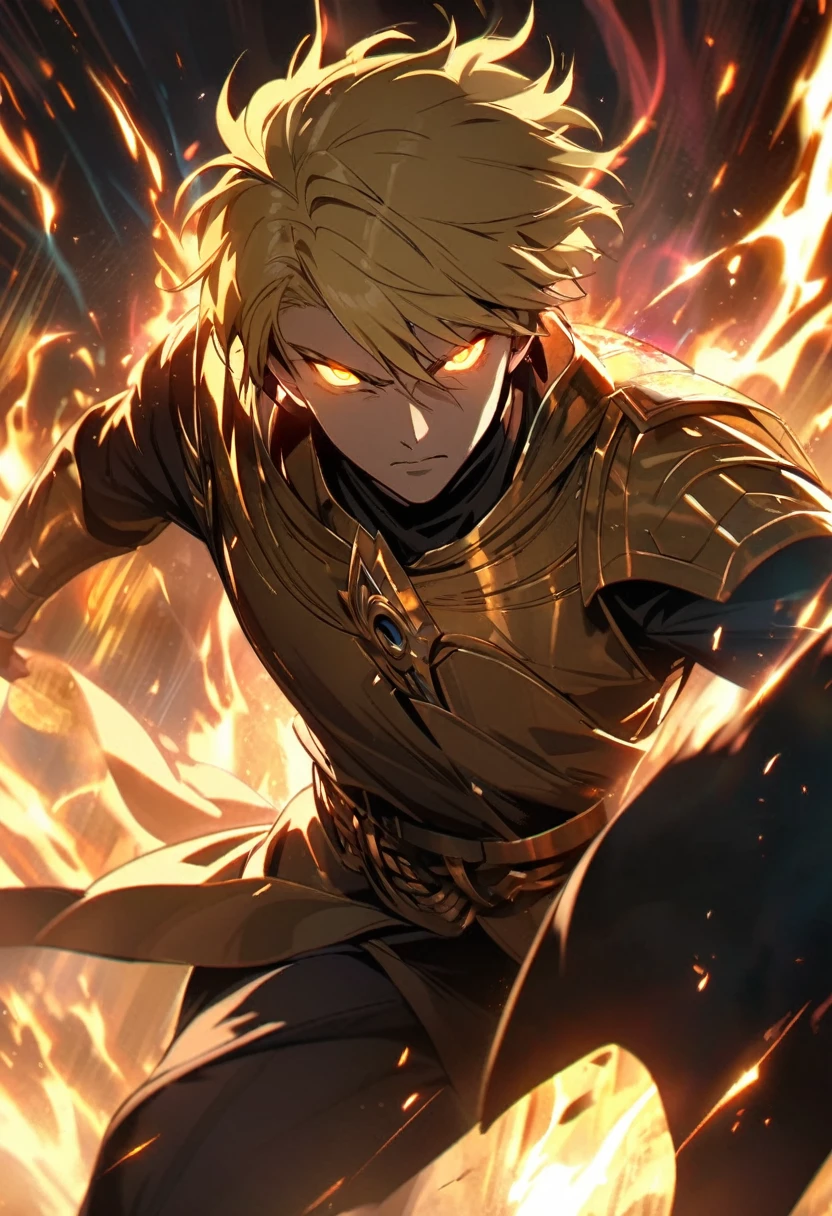 male, solo, handsome, blond hair, god, god eyes, glowing eyes, light, aura, holo, golden, short hair, fighting