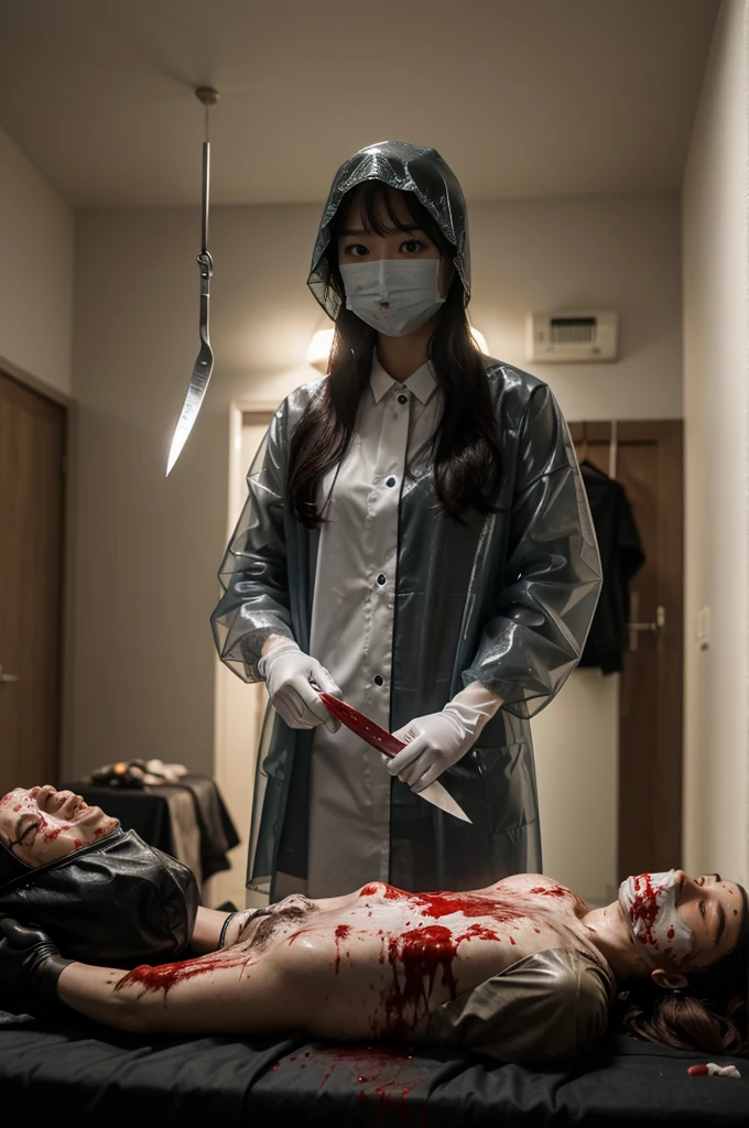 korean girl, (behind corpse, surgical mask), blood splatter, holding knife, stabbing, gloves, room full of blood, transparent raincoat, leather bucket hat, holding knife, gloves, behind corpse, very long hair, night, mass murderer, robbery, in the hotel,
