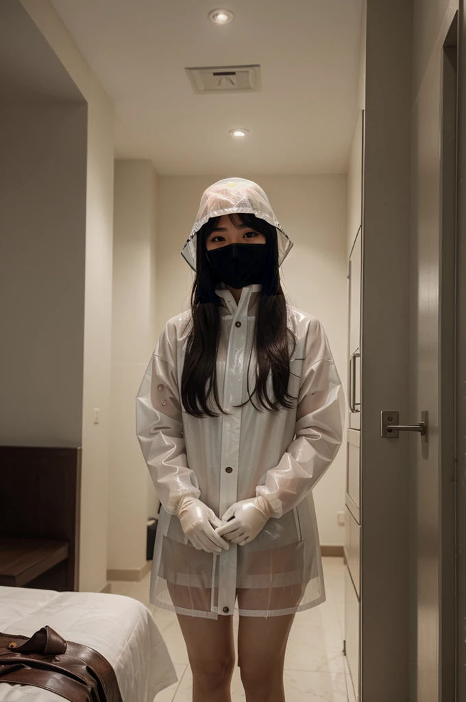 korean girl, (behind corpse, surgical mask), blood splatter, holding knife, stabbing, gloves, room full of blood, transparent raincoat, leather bucket hat, holding knife, gloves, behind corpse, very long hair, night, mass murderer, robbery, in the hotel,