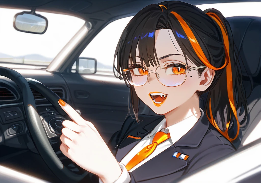 masterpiece, best quality, score_9,1older woman,orange lipstick,secretary outfit,siren glasses,mole,ponytail,orange and black hair,black hair,orange streaks,fangs,1woman,high quality,detailed,driving car,sunny,sunlight,on road