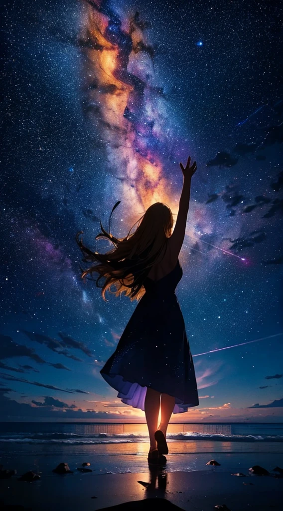 1people々々々,Blonde long-haired woman, Dress Silhouette, Rear View,Raise one hand to grab something,dance,milky way,Space Sky, Beach,