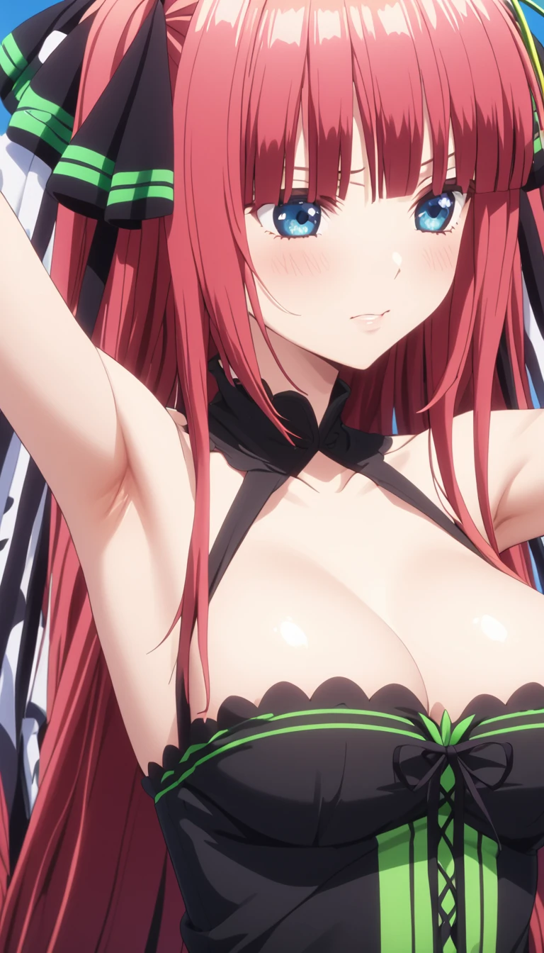 (Highest quality、Masterpiece、Very detailed、4K)、One Woman、、Light red hair、Twin tails、(((Nakano Nino)))、chest、arm、Beautiful armpits