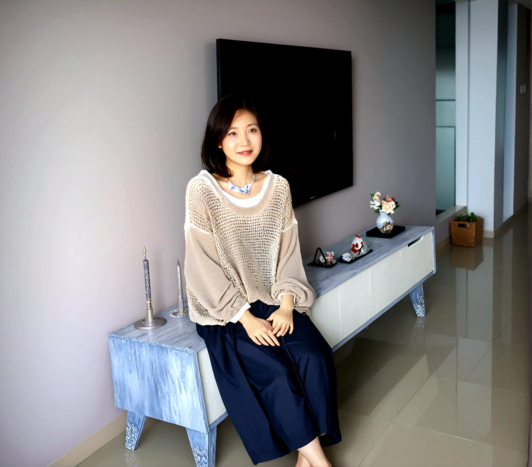 Beautiful Korean Woman , 32 inch chest size, Your eyes are big and pretty. Wearing a high-end luxury brand cardigan, casual beige pants, short medium hair, Smile, uhd